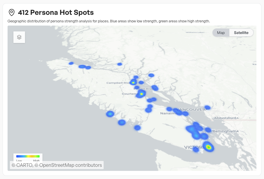 Map showing persona strength hot spots across Vancouver Island