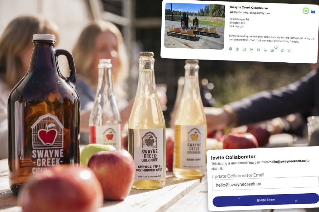 Swayne Creek Ciderhouse products with a business listing and collaborator invitation